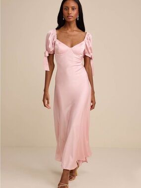 Lulus Santa Marta Blush Pink Satin Puff Sleeve Bow Maxi Dress Size S NWT